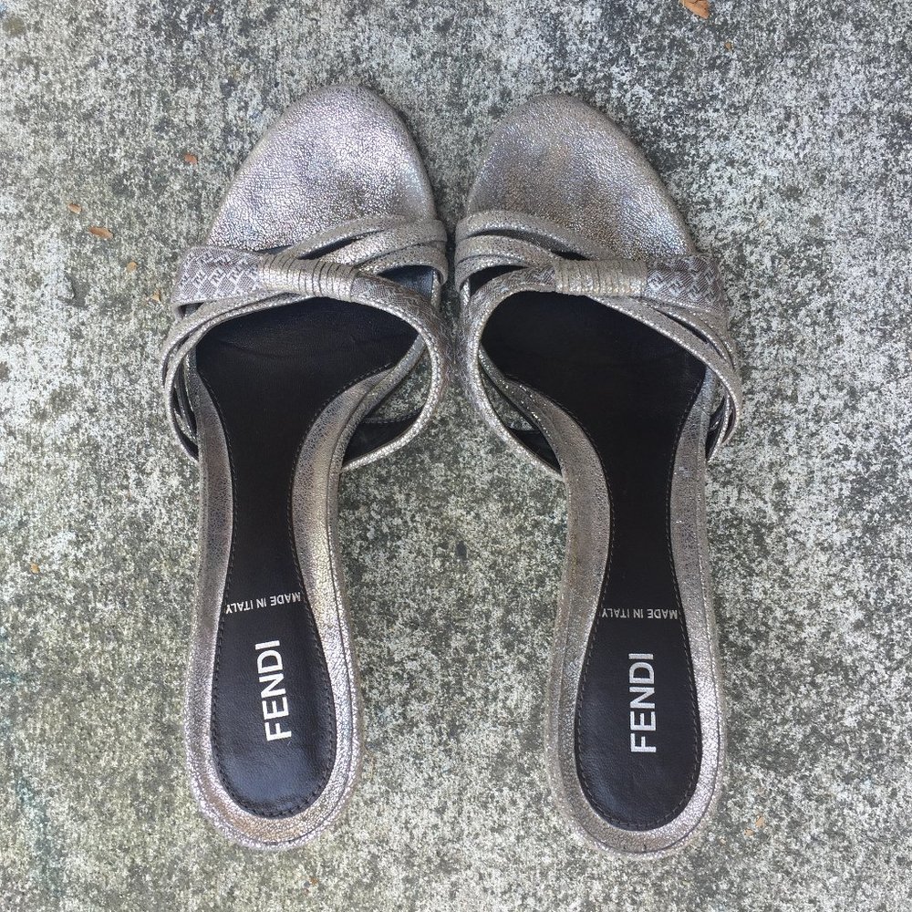 Fendi Zucca Metallic Slide Sandals, sz 7